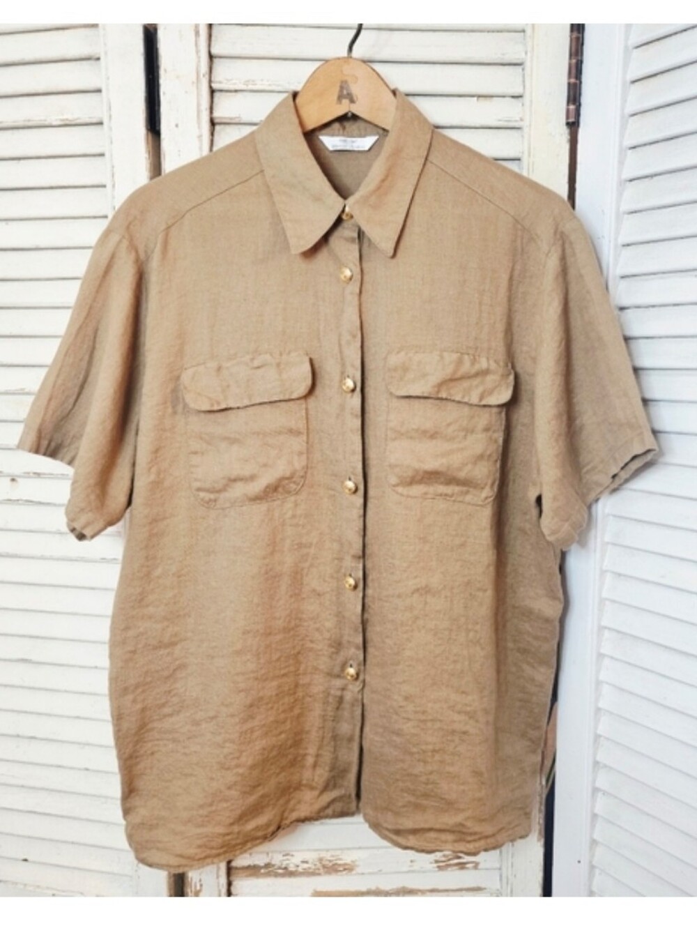 Vintage 90s Marks & Spencer Khaki Linen Short Sleeve Safari Blouse Small/Medium